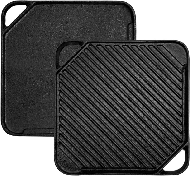 Brightalk Cast Iron Reversible Grill/Griddle, 10.5-Inch Double Handled Cast Iron Stovetop Grill/Griddle - Image 1